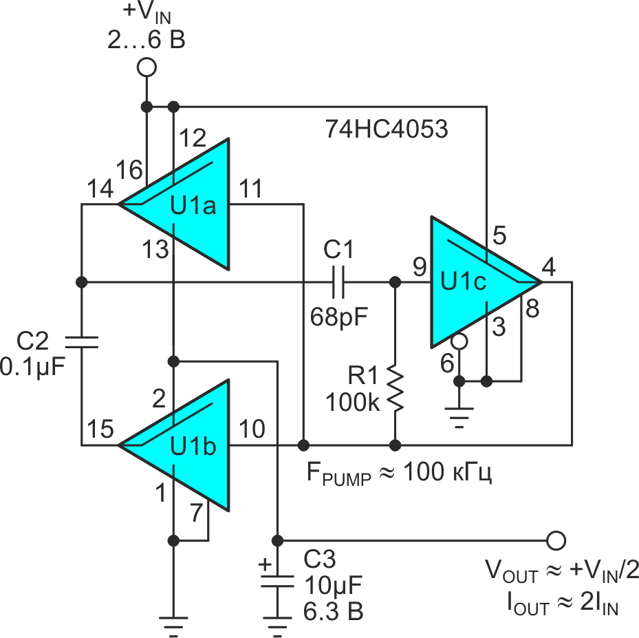 100-килогерцовый зарядовый насос на основе xx4053 с делением напряжения пополам и удвоением тока.