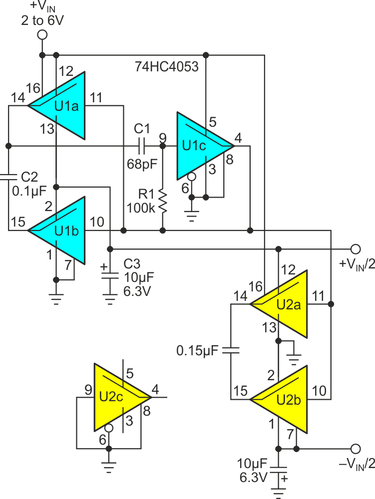 Current doubling charge pump plus voltage inverter makes an efficient bipolar rail splitter.