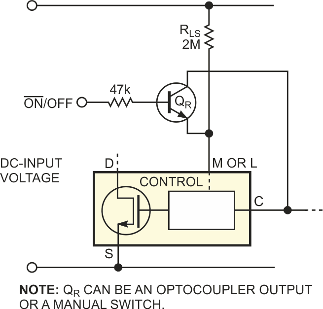 Adding transistor QR to the L pin of a TOPSwitch switching power controller enables an on/off-control feature.