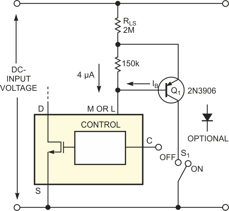 Instead of using just the external transistor to switch a TOPSwitch on or off, a simple on/off switch provides manual on/off control.