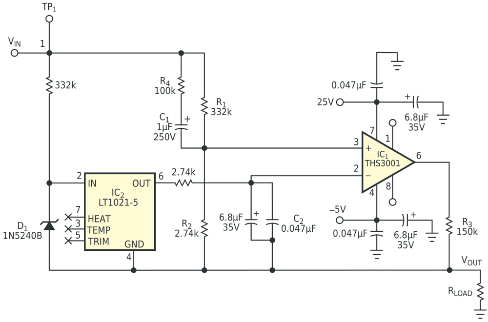 This virtual-zener circuit provides a regulated,  voltage between the input and output.