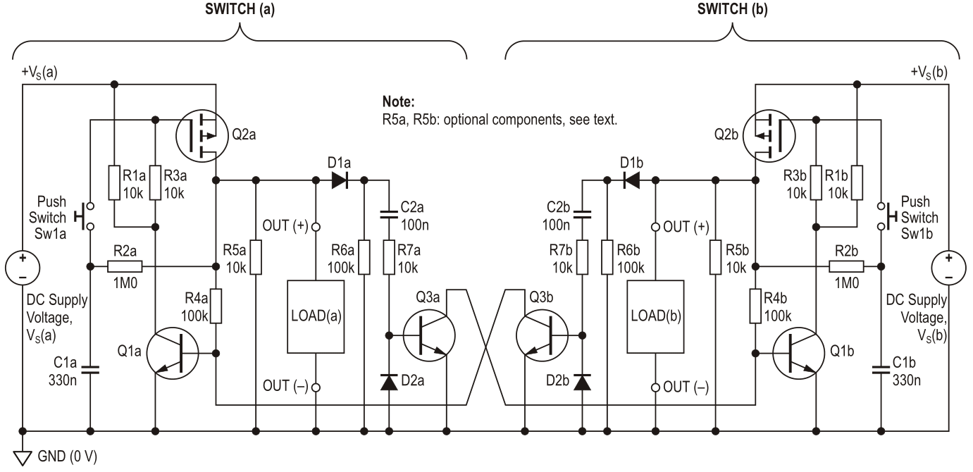 Cross-coupled switches latch on independently but cancel each other.