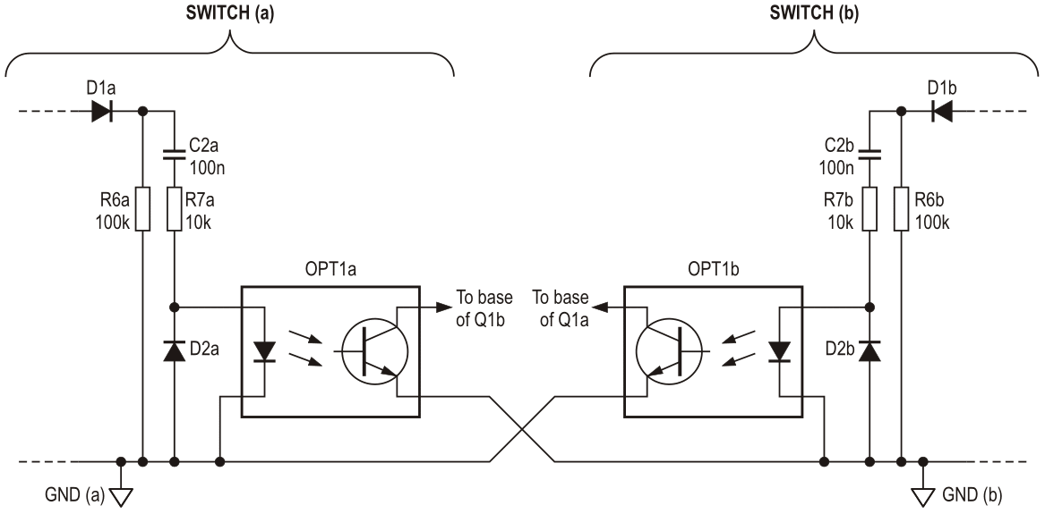 Optocouplers allow for completely isolated cross-coupled switches.