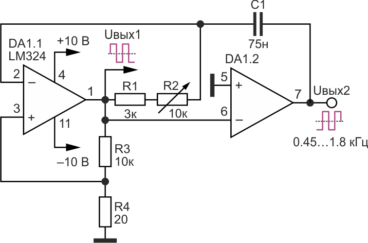 Генератор биполярных противофазных прямоугольных импульсов регулируемой частоты.