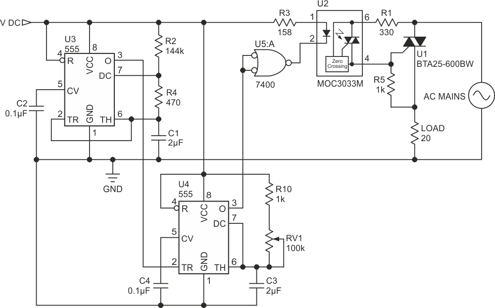 Circuit schematic of mains cycle skipping controller, this controller skips a certain number of power cycles in between, to vary power to the heaters.