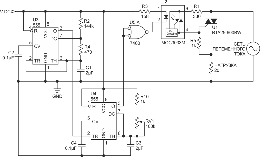 Принципиальная схема контроллера, который для изменения мощности нагрева пропускает определенное количество периодов сетевого напряжения.