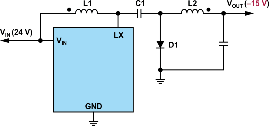 A simplified schematic of a nonsynchronous, dual-inductor inverting output DC/DC converter.