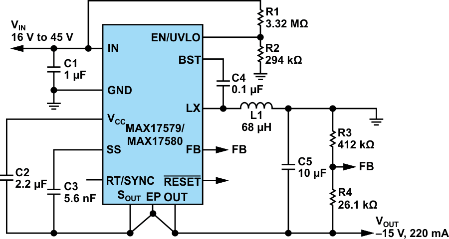 Highly integrated, most efficient negative output DC/DC converter.