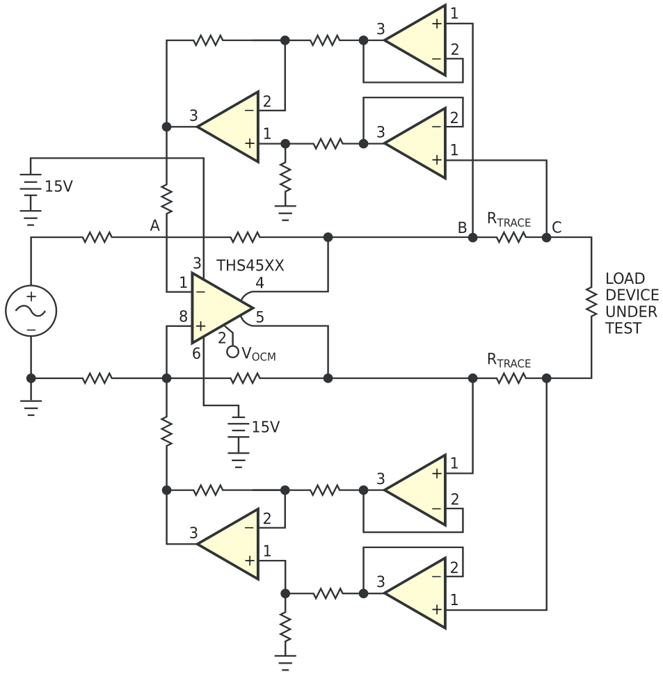 This fully differential circuit compensates for voltage drop and phase shift in transmission lines.