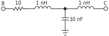 This circuit represents a simulated transmission line inserted between points A and B of the circuit in Figure 1.