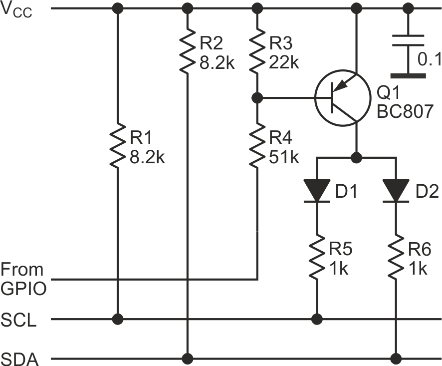 The adaptable pullup where a closed transistor connects additional resistors R5 and R6 in parallel to the main pullup resistors R1 and R2.