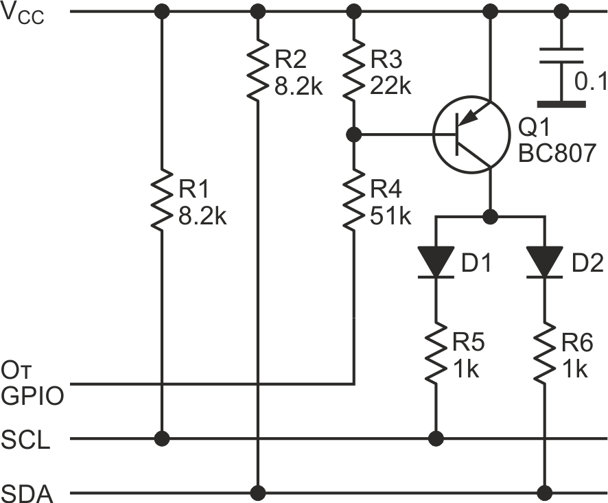 Адаптивная подтяжка, где закрытый транзистор подключает дополнительные резисторы R5 и R6 параллельно основным подтягивающим резисторам R1 и R2.