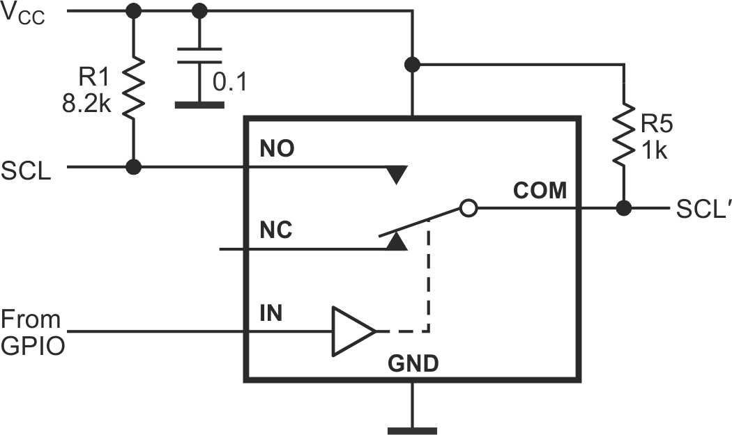 The adaptable pullup where a closed transistor connects additional resistors R5 and R6 in parallel to the main pullup resistors R1 and R2.