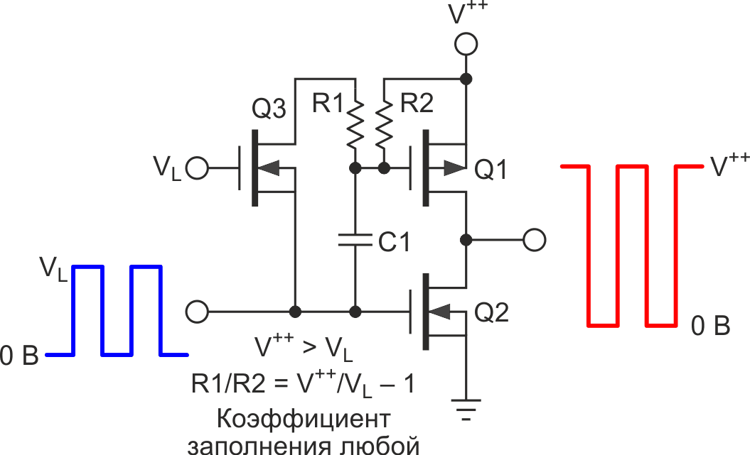 «Заземленный» затвор транзистора Q3 поддерживает заряд конденсатора C1 при прекращении подачи логического сигнала.