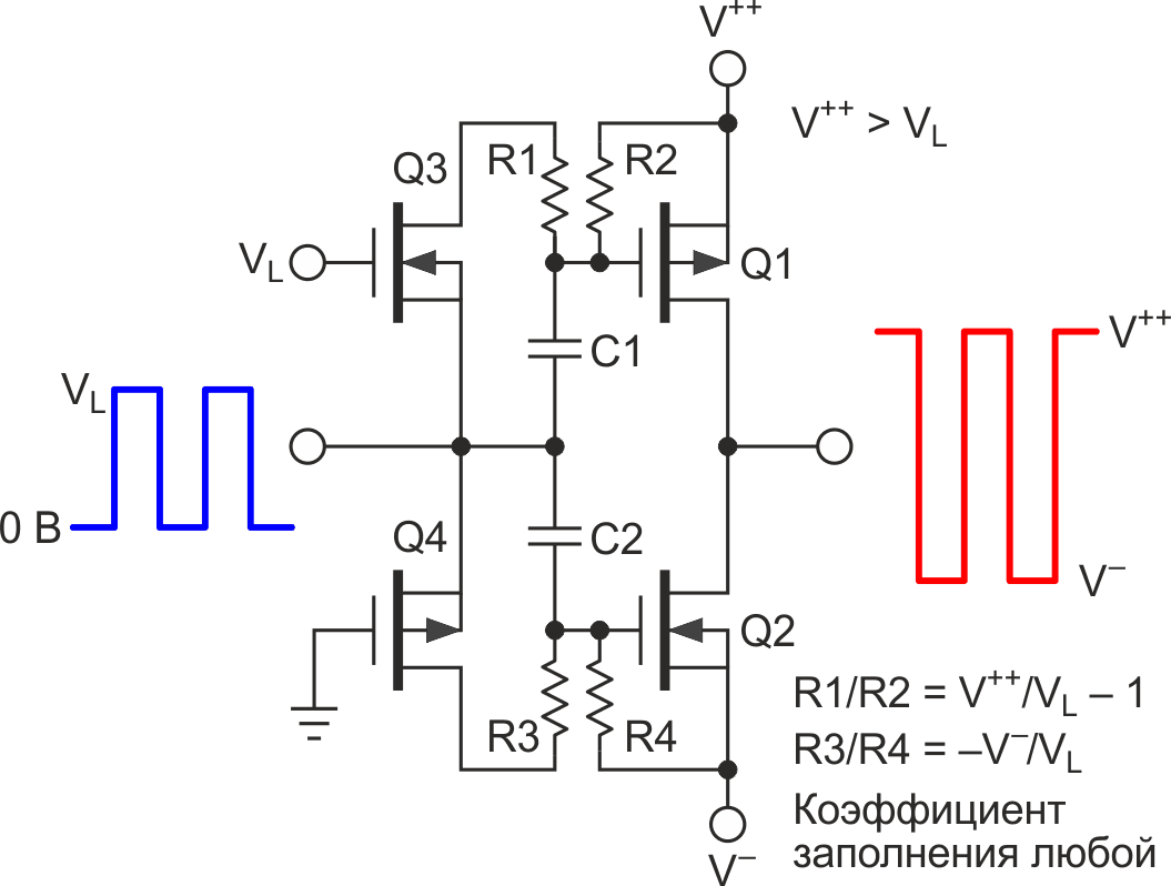 Простейший случай управления двухтактным каскадом с помощью логического сигнала - прямое подключение работает, если V++ <= VL.
