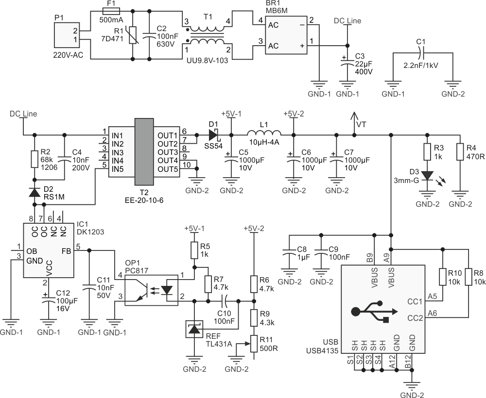 Schematic diagram of the flyback switching power supply.
