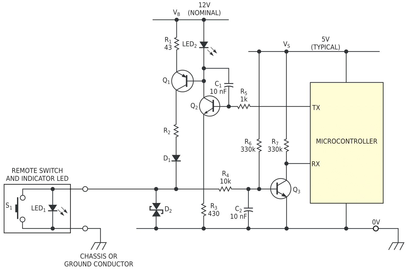 This circuit implements a bidirectional link using a single wire and a ground return.