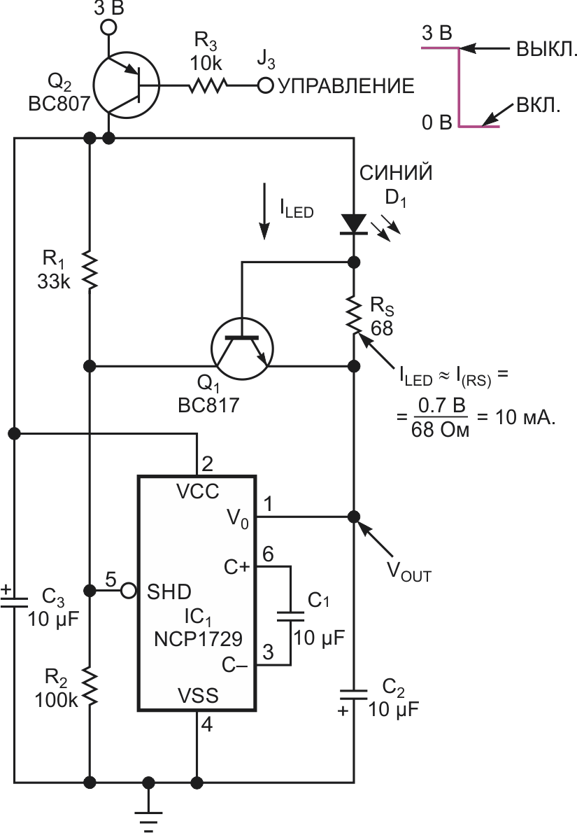 Для получения напряжения, достаточного для управления синим светодиодом D1, в этой схеме используется инвертор напряжения NCP1729 (IC1).
