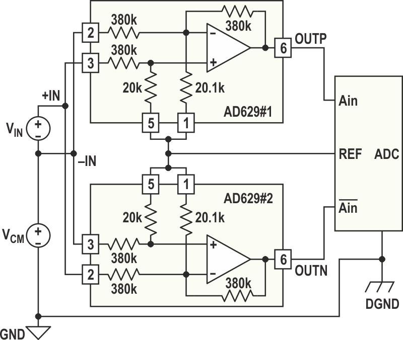 Based on two single-supply amplifiers and an ADC, this circuit can measure small signals in the presence of high common-mode voltages.