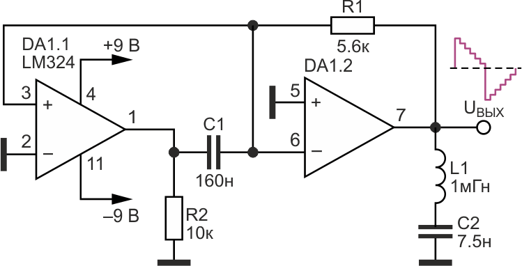 Генератор импульсов ступенчатого напряжения на двух операционных усилителях.