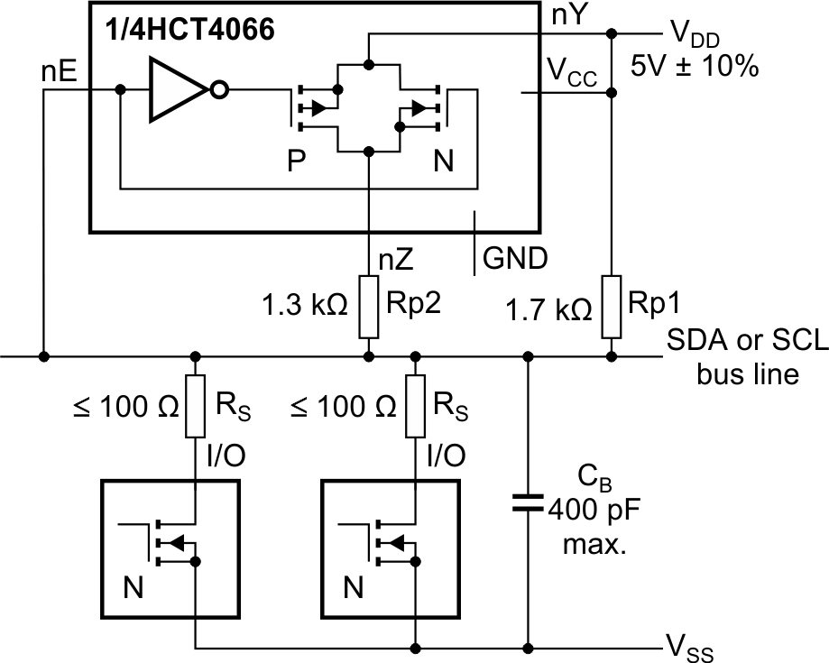 Switched-pullup circuit where the analog switch is activated at high bus voltages only, paralleling an additional resistor with the standard pullup.