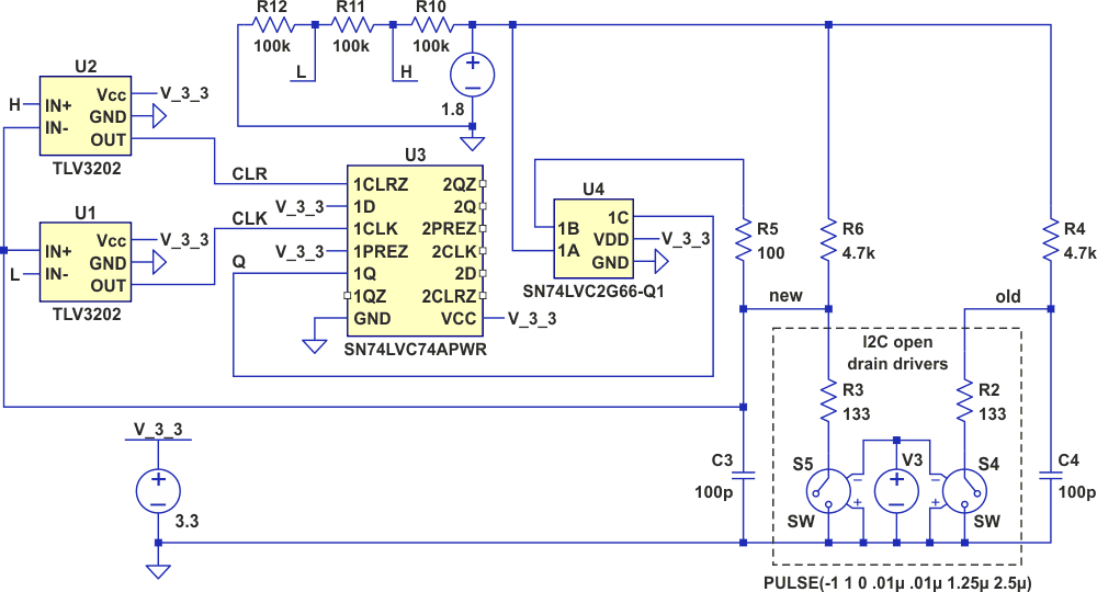 A schematic of simulated I2C drivers, pullup resistors and bus capacitances, without (old) and with (new) connection to the autonomous non-linear pullup circuit.