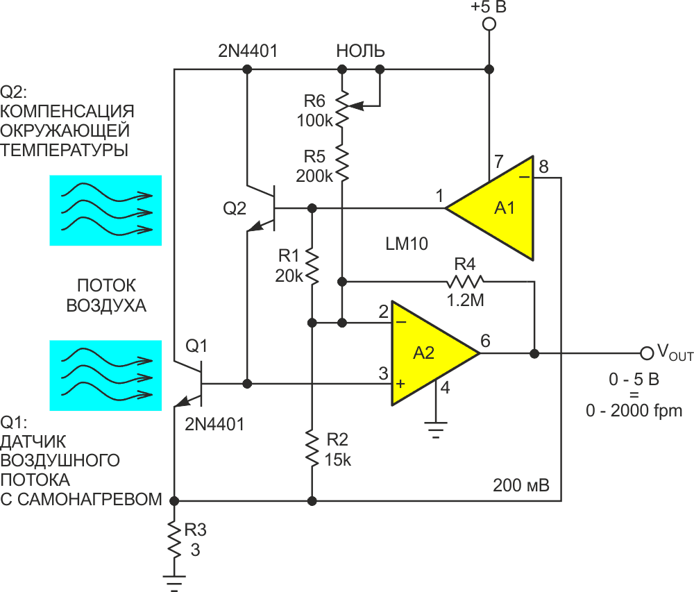 Типичный тепловой датчик скорости воздушного потока на основе самоподогревающегося транзистора.