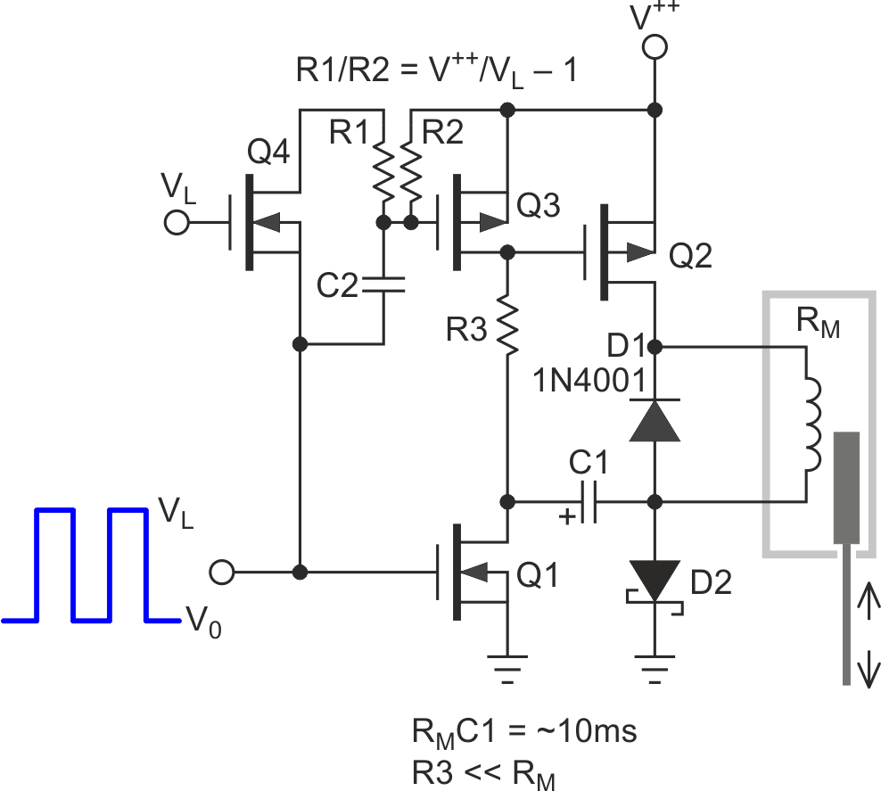 Level shifting Q4, R1, and R2 are added to accommodate V++ > VL.