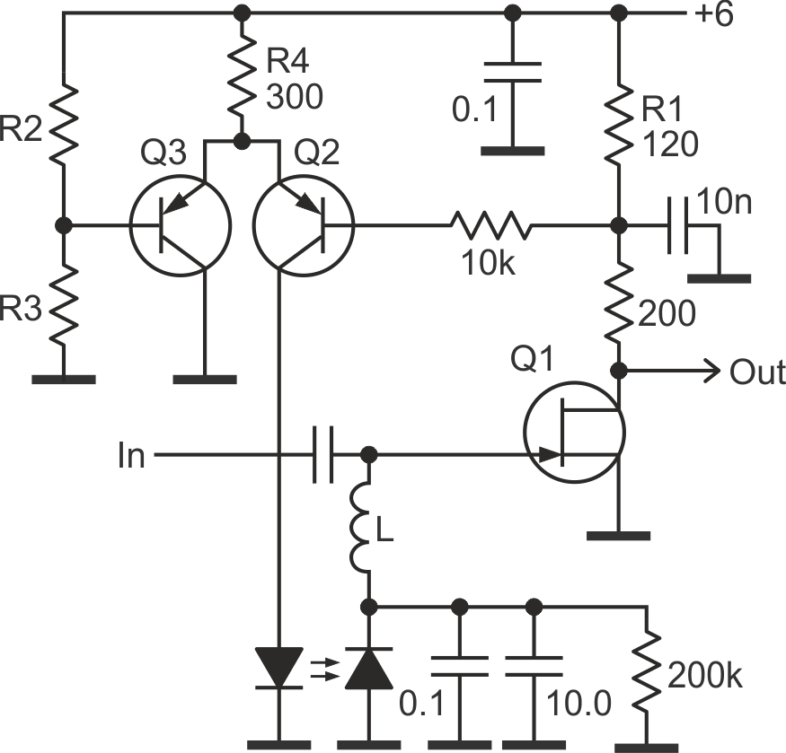A control loop that produces control voltage of negative polarity for n-channel JFET amplifier in HF and UHF applications.