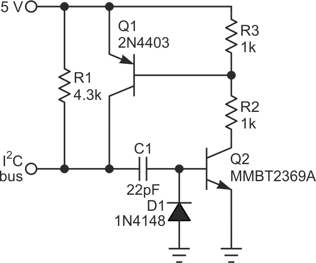 Regenerative active pullup circuit (one of two needed) with values chosen for the worst-case combination shown in Figure 1.