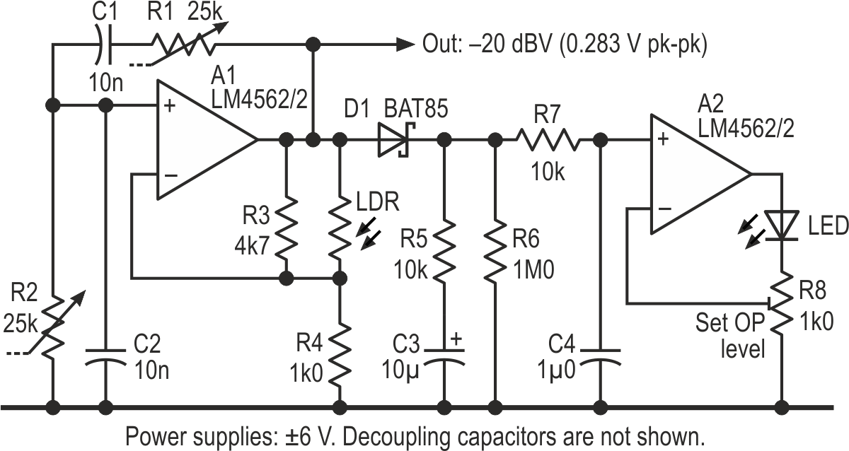 A simple Wien bridge oscillator, using a photoconductive opto-isolator to help stabilise the amplitude.