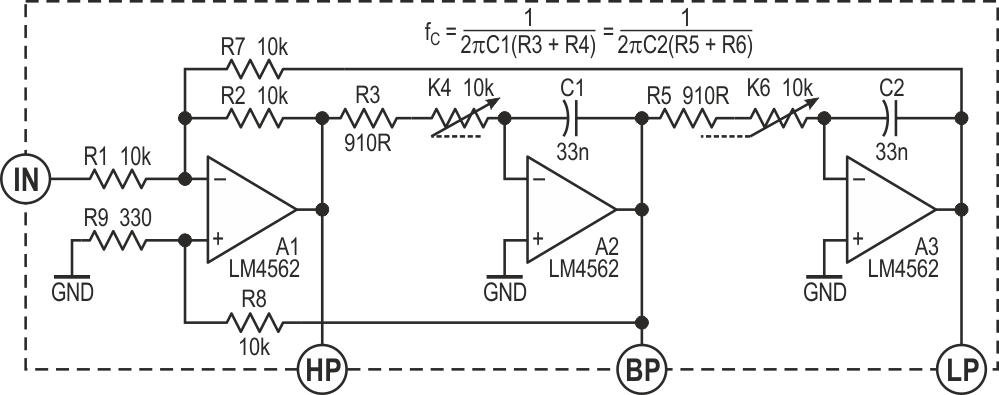 A classic bi-quad or two-integrator-loop filter, with its high-pass, bandpass, and low-pass outputs