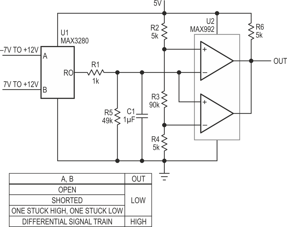 Circuit detects a continuous differential signal.