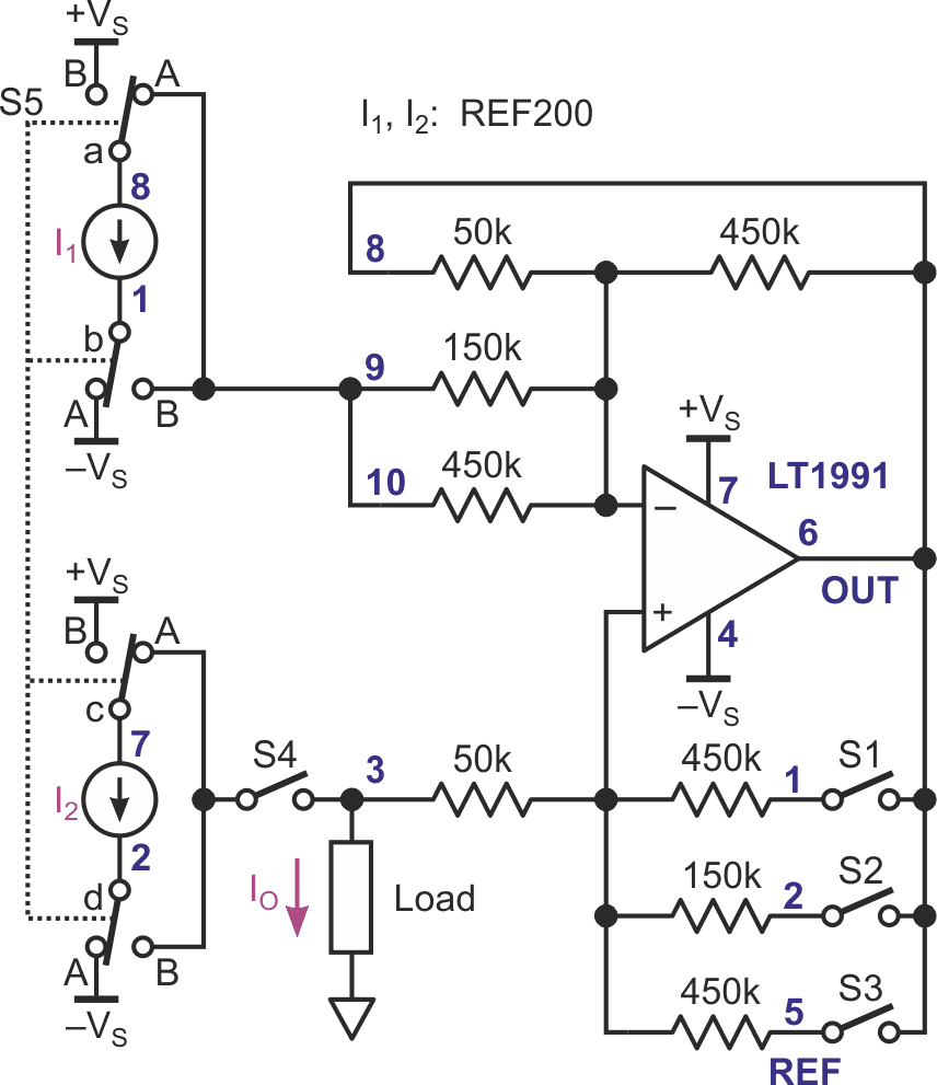 An LT1991 is used to source/sink from 10-90 µA in 10 µA steps.