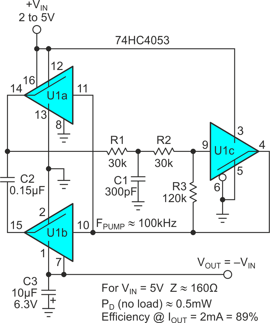 Basic voltage inverter circuit scaled for efficiency at 100 kHz and several milliamps of current output.