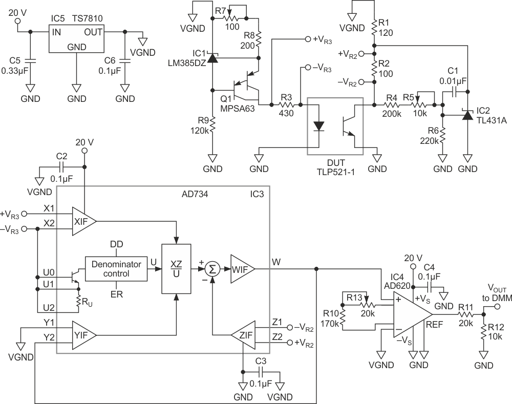 This circuit lets you directly read a DUT's CTR across VOUT using a multimeter.