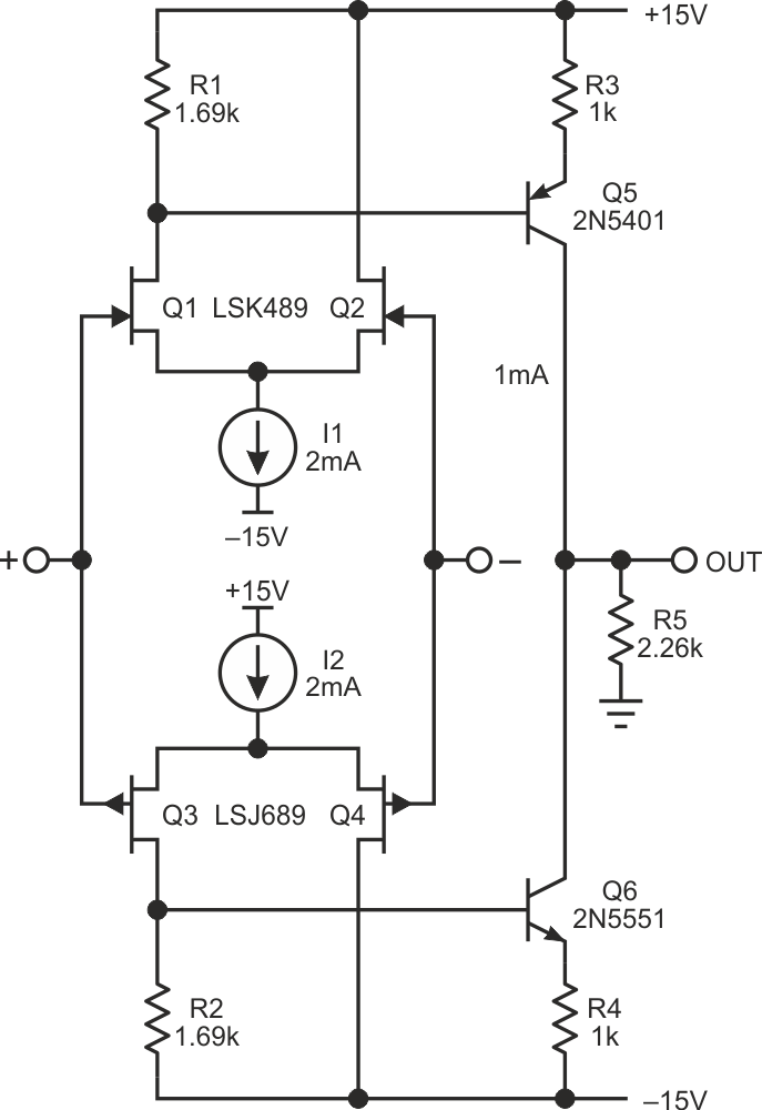 This full complementary input stage feeds into a push-pull second stage (Q5, Q6) that will sum the outputs of the top (Q1, Q2) and bottom (Q3, Q4) input pairs.