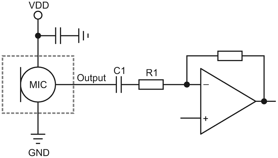 Analog MEMS microphone connected to an external amplifier.