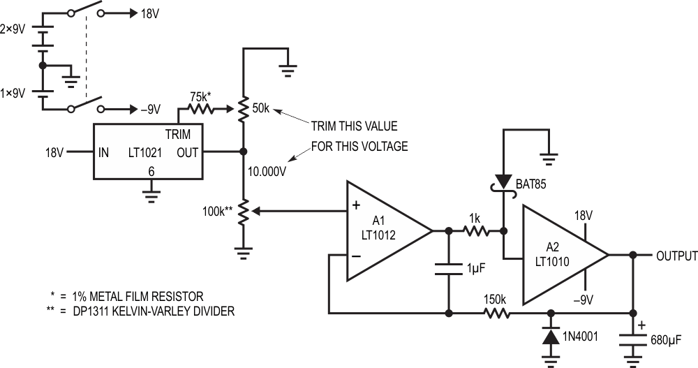 Battery simulator has floating output settable within 1 mV. A1 unloads Kelvin-Varley divider; A2 buffers capacitive load.