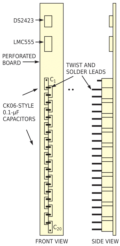 A string of series-connected capacitors provides an indication of water level.
