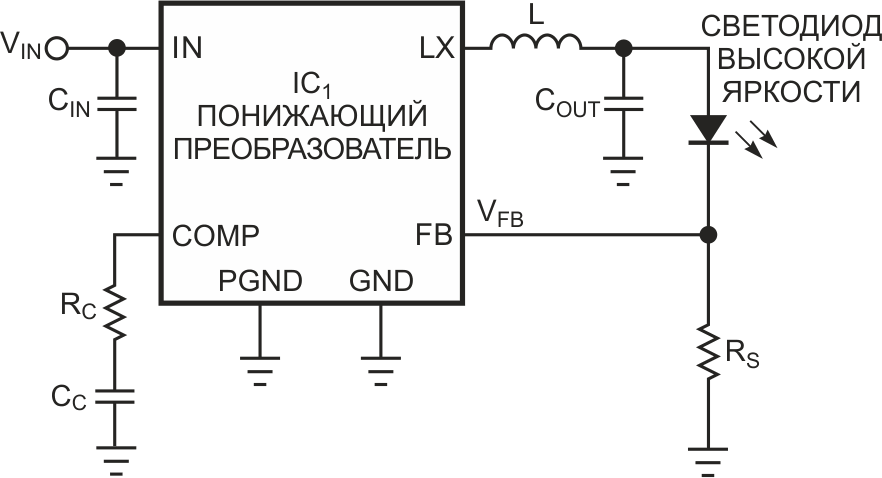 Обычный понижающий преобразователь IC1 обеспечивает питание постоянным током светодиода высокой яркости.