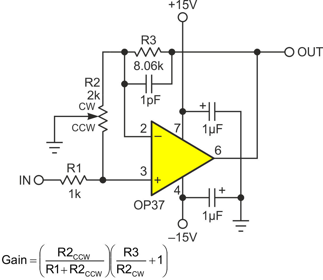 Grounded wiper makes R2 serve as both input attenuator and output gain set.