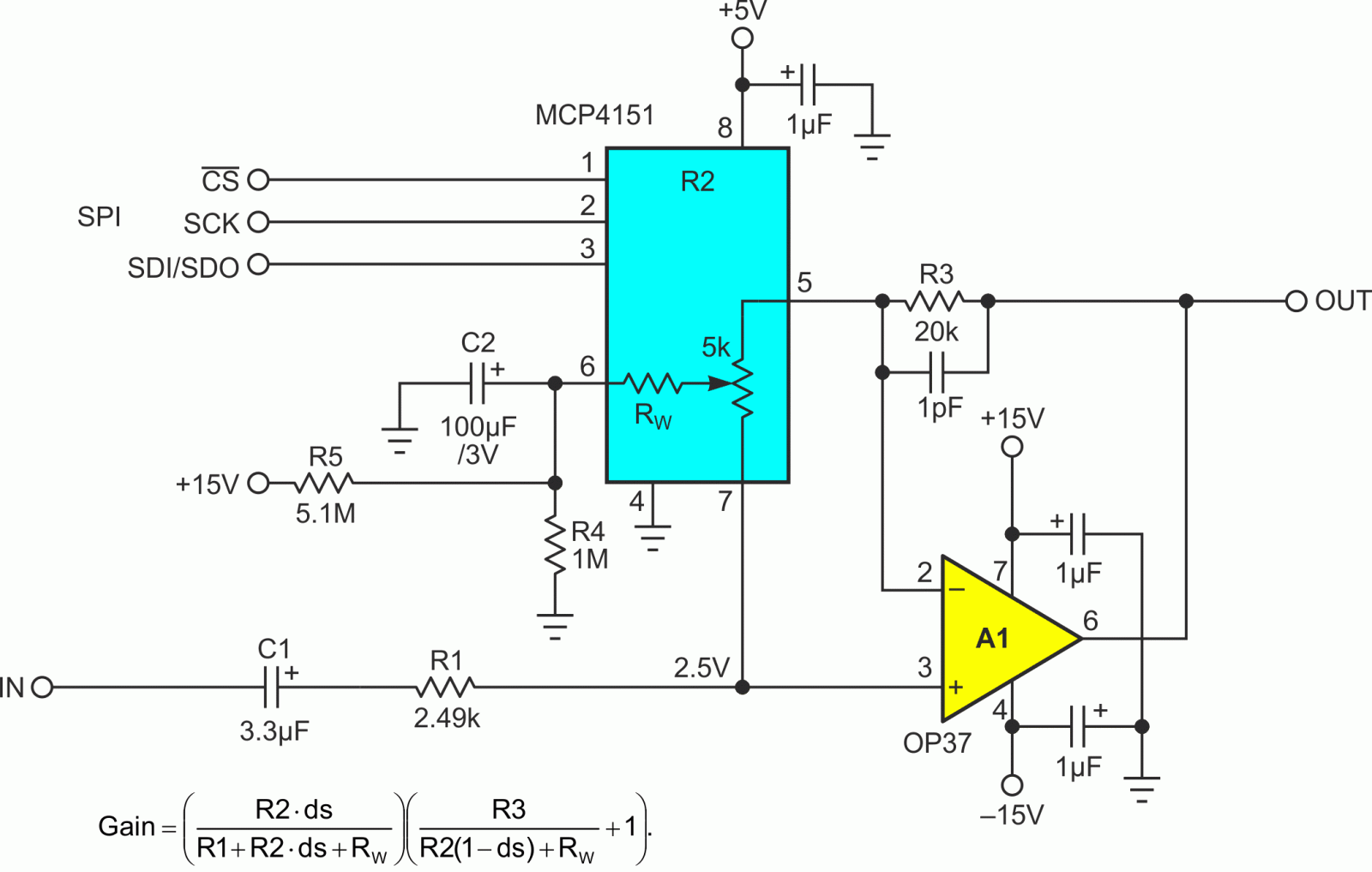 R2 has the same function as in Figure 1 with DC bias from R4R5C2 to accommodate bipolar signals. But what about RW wiper resistance effects?