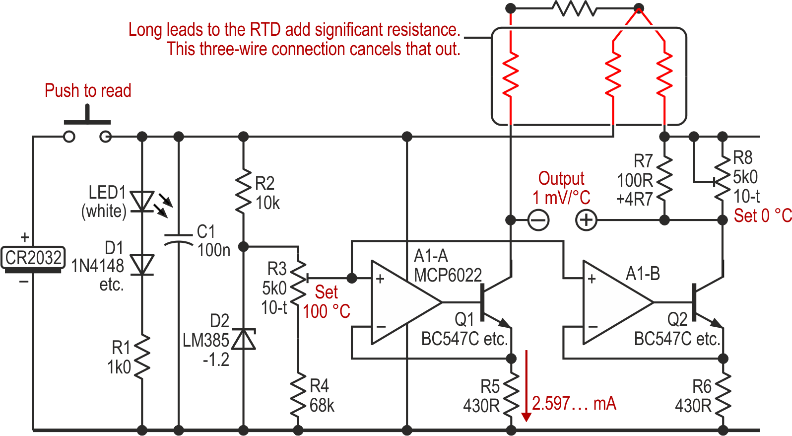 Three-wire connection to the RTD allows cancellation of the cable's resistance.