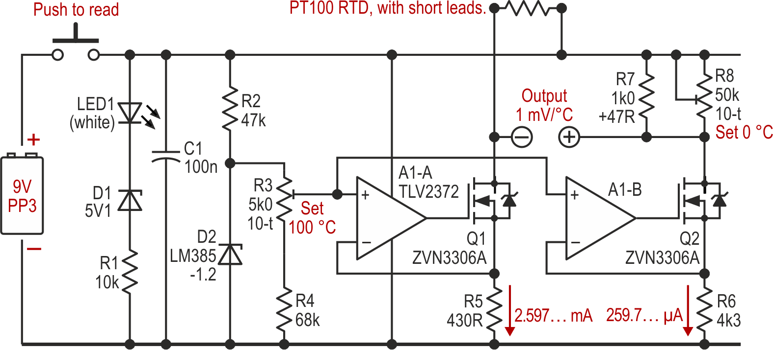 A higher battery voltage allows the use of MOSFETs in the current sinks, while a lower current in the reference arm of the bridge saves some supply current.