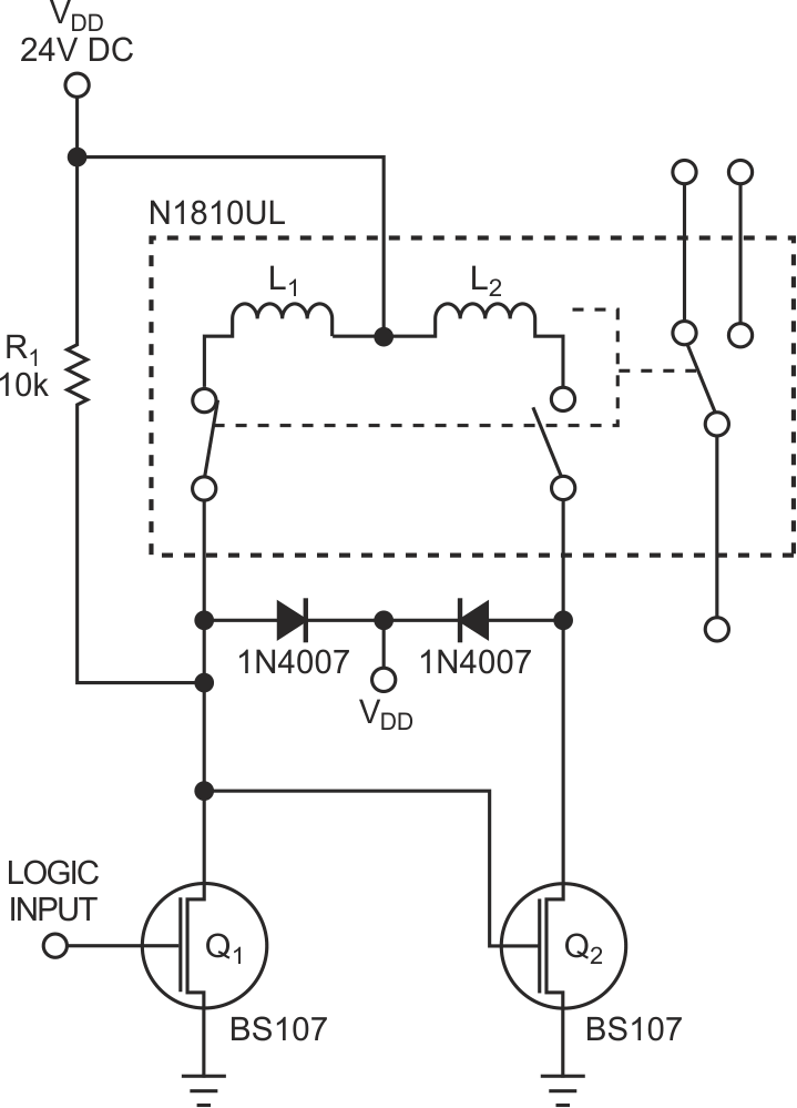 Using two MOSFETs to differentially drive a dual-coil latching relay eliminates the need for any logic components.