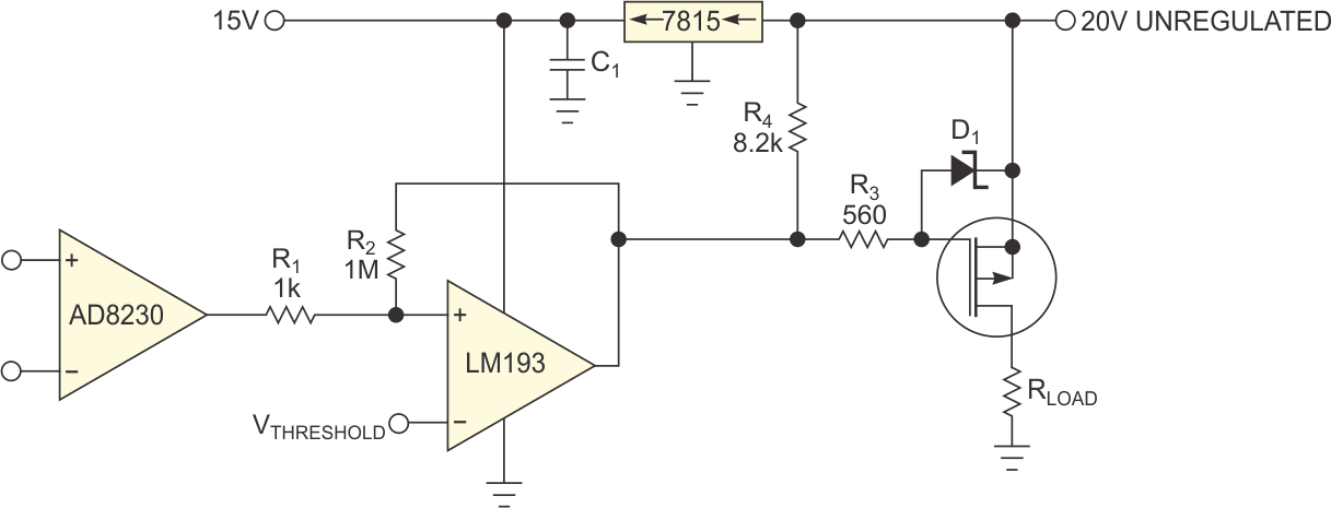 Hysteresis components R1 and R2 tie to the unregulated supply, causing the comparator's switching point to vary with the power supply.
