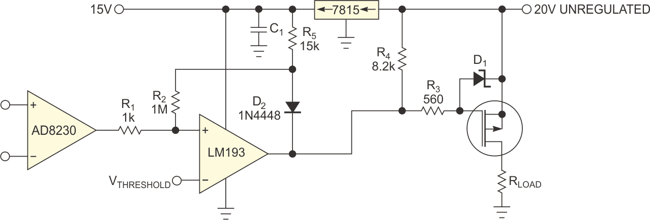 Resistor R5 and an ORing diode isolate the hysteresis circuit from the power supply and keep the switching point constant no matter how the power supply changes.