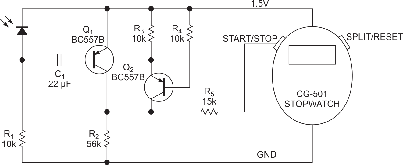 This simple circuit times a light source. When you illuminate the photodiode, Q2 creates a pulse. When you remove the illumination, Q1 creates a pulse.