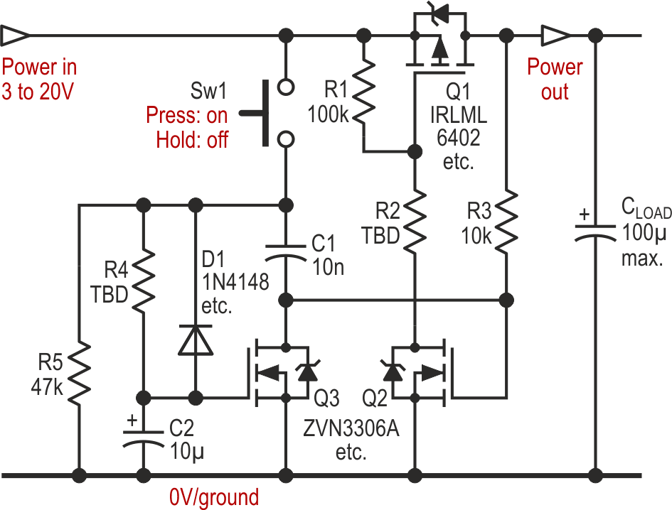 Two transistors form a power-switching latch, which can be set (power on) by a short button-press and then reset (power off) by a longer one.